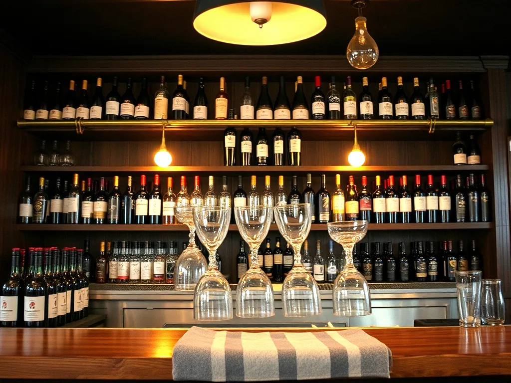 Shelves of wine and spirit bottles behind a bar under warm bulbs, with glasses standing upside down on a folded towel on the counter.