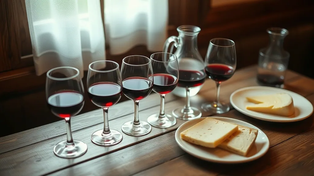 Five small pours of red wine lined up along a wooden table beside a glass jug and two plates of cheese.