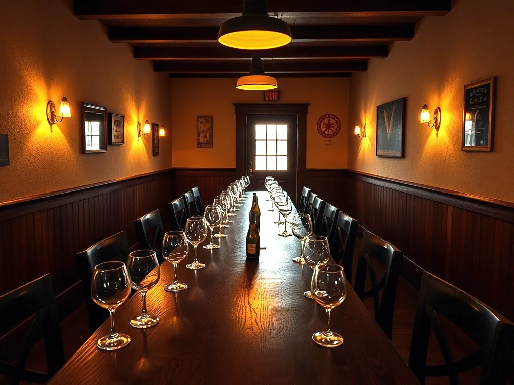 A long dark wood table set with wine glasses down its length, chairs on both sides, low lamps and a plain plaster ceiling above it.
