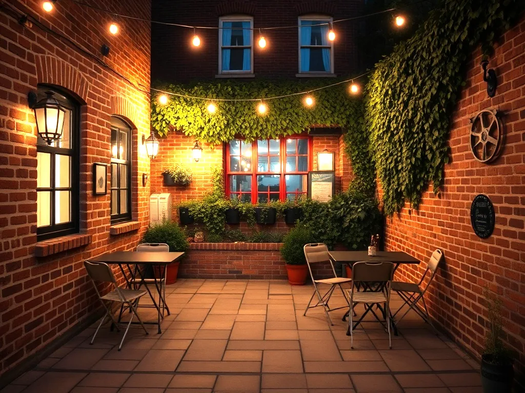 A brick walled courtyard at dusk with folding bistro tables and chairs on flagstones under two strings of bulbs, ivy across the far wall.